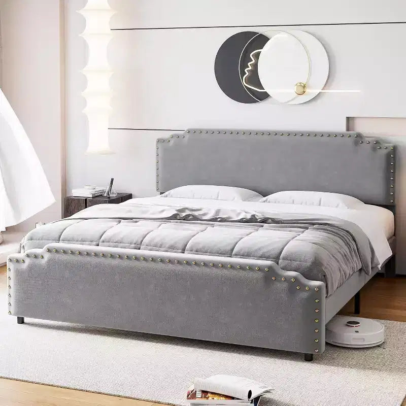 King Bed Frame with Rivet Decorate Headboard and Tailboard,Platform Metal Bed Frame with Velvet Upholstered Headboard,No Box Spring Needed,Grey
