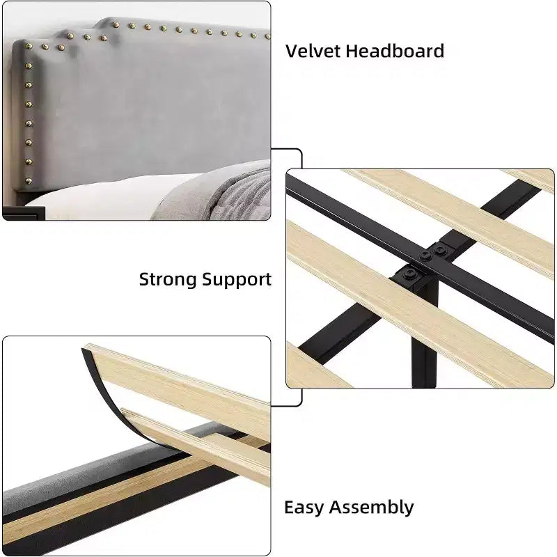 King Bed Frame with Rivet Decorate Headboard and Tailboard,Platform Metal Bed Frame with Velvet Upholstered Headboard,No Box Spring Needed,Grey