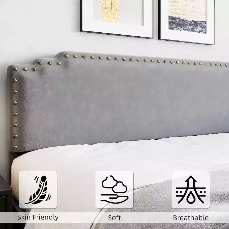 King Bed Frame with Rivet Decorate Headboard and Tailboard,Platform Metal Bed Frame with Velvet Upholstered Headboard,No Box Spring Needed,Grey