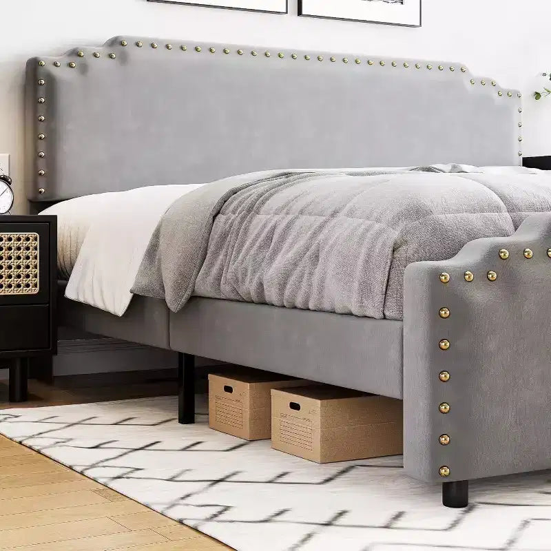 King Bed Frame with Rivet Decorate Headboard and Tailboard,Platform Metal Bed Frame with Velvet Upholstered Headboard,No Box Spring Needed,Grey