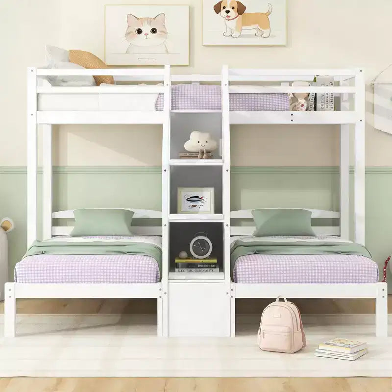 Luxystar Twin over Twin & Twin Bunk Bed with Storage Board and Built-in Staircase with 3 Drawers, White