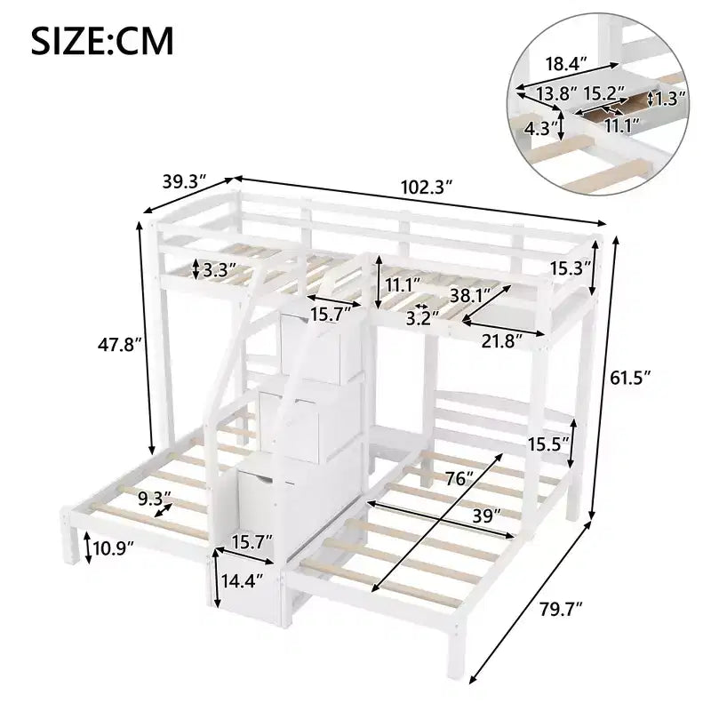 Twin over Twin & Twin Bunk Bed with Storage Board and Built-in Staircase with 3 Drawers, White