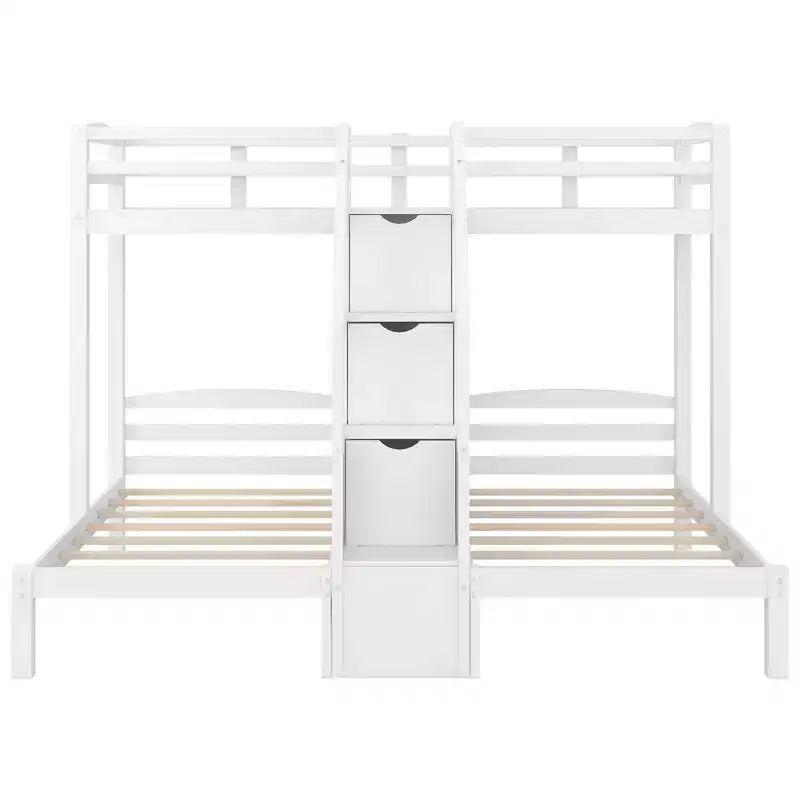 Twin over Twin & Twin Bunk Bed with Storage Board and Built-in Staircase with 3 Drawers, White