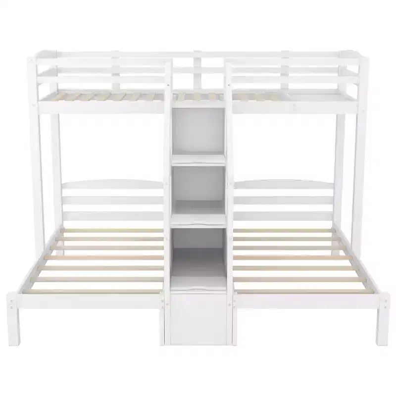 Twin over Twin & Twin Bunk Bed with Storage Board and Built-in Staircase with 3 Drawers, White