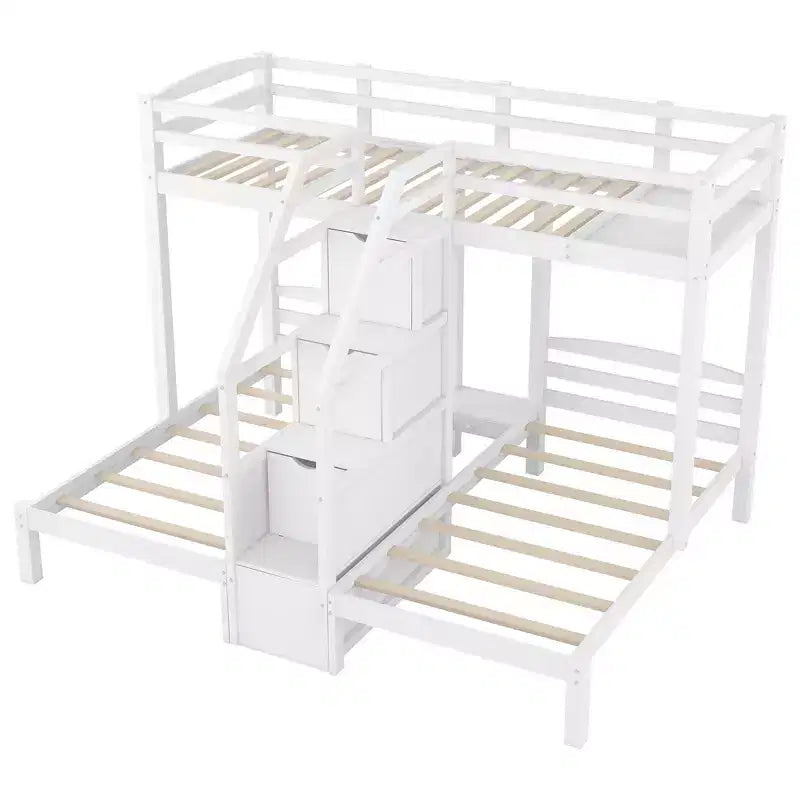 Twin over Twin & Twin Bunk Bed with Storage Board and Built-in Staircase with 3 Drawers, White