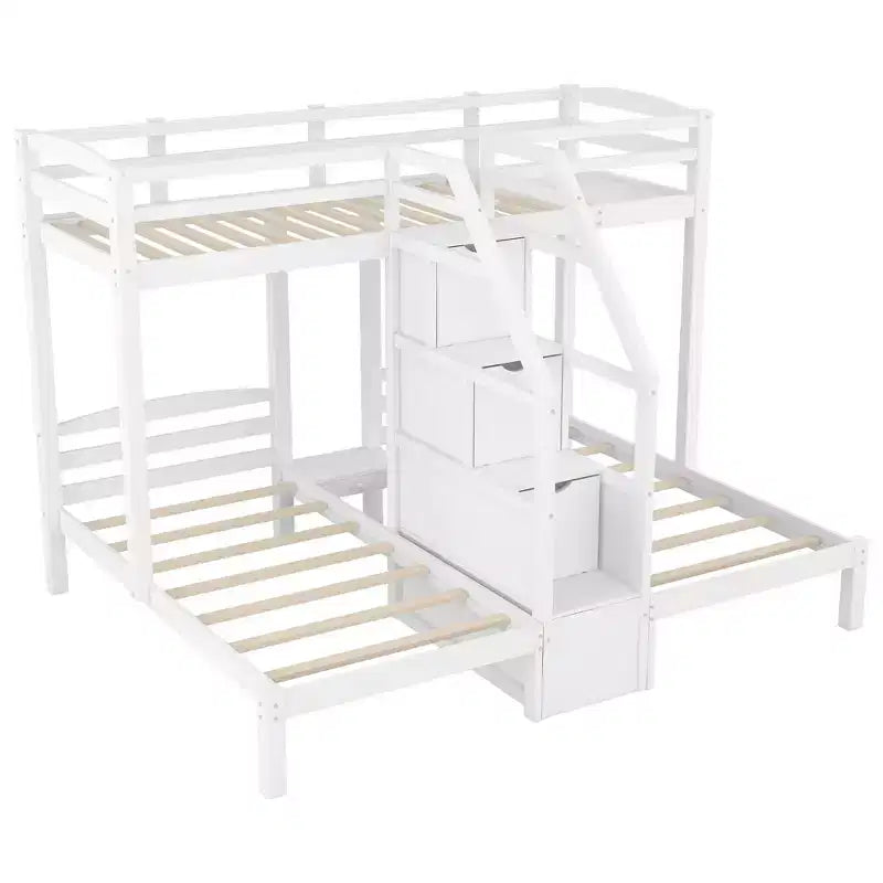 Twin over Twin & Twin Bunk Bed with Storage Board and Built-in Staircase with 3 Drawers, White
