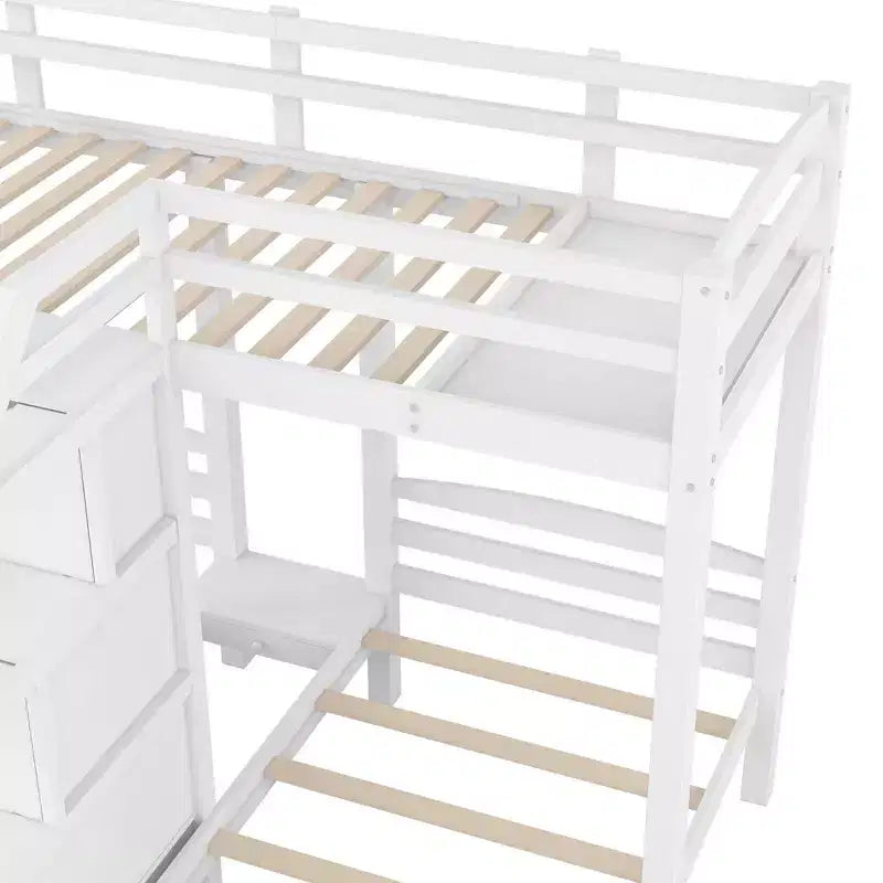 Twin over Twin & Twin Bunk Bed with Storage Board and Built-in Staircase with 3 Drawers, White