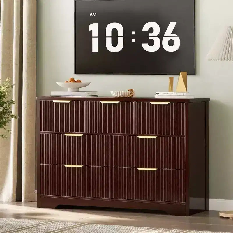 Acekool 7-Drawer Fluted Dresser, Modern Wooden Chest with Metal Handles, Storage Organizer & Media Console TV Stand for Bedroom or Living Room