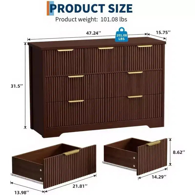 7-Drawer Fluted Dresser, Modern Wooden Chest with Metal Handles, Storage Organizer & Media Console TV Stand for Bedroom or Living Room