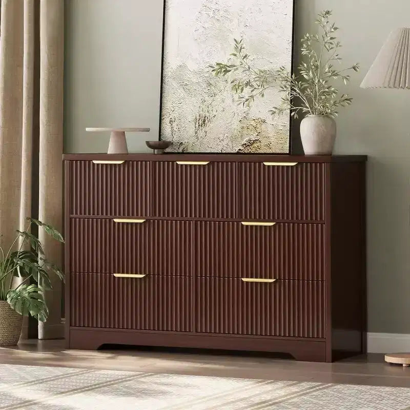 7-Drawer Fluted Dresser, Modern Wooden Chest with Metal Handles, Storage Organizer & Media Console TV Stand for Bedroom or Living Room