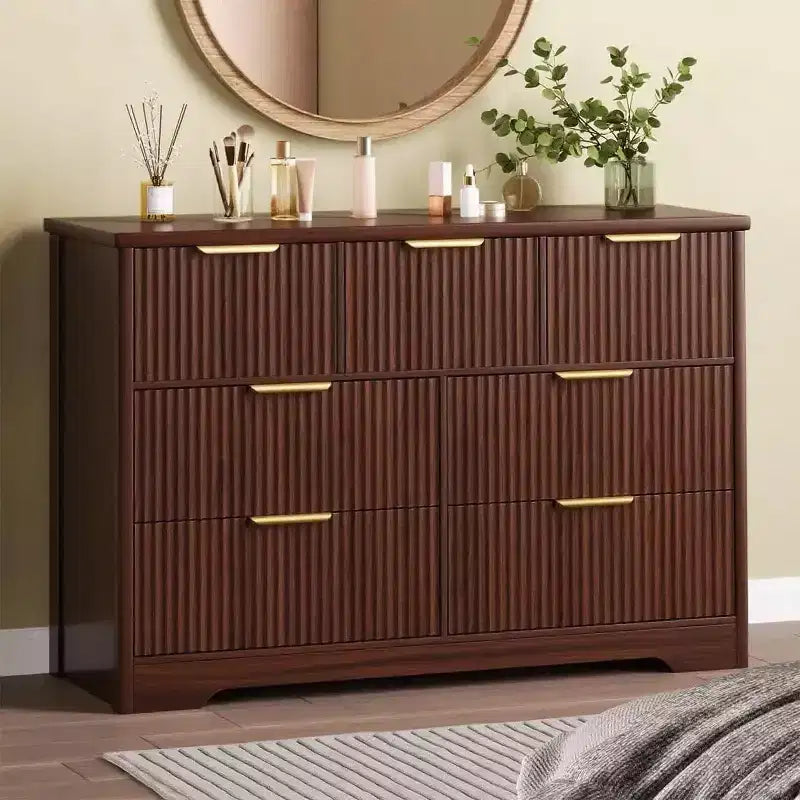 7-Drawer Fluted Dresser, Modern Wooden Chest with Metal Handles, Storage Organizer & Media Console TV Stand for Bedroom or Living Room