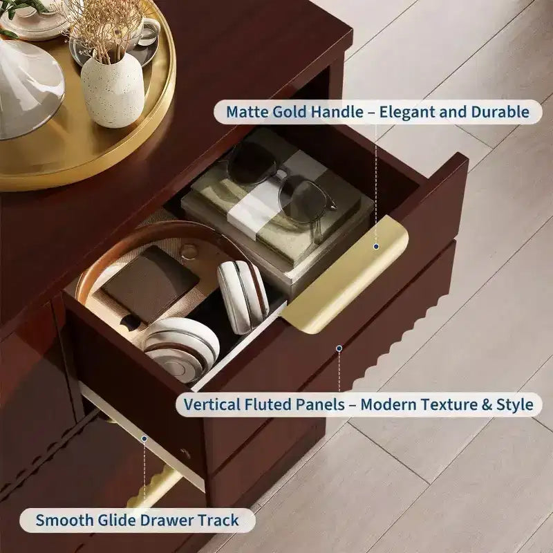 7-Drawer Fluted Dresser, Modern Wooden Chest with Metal Handles, Storage Organizer & Media Console TV Stand for Bedroom or Living Room