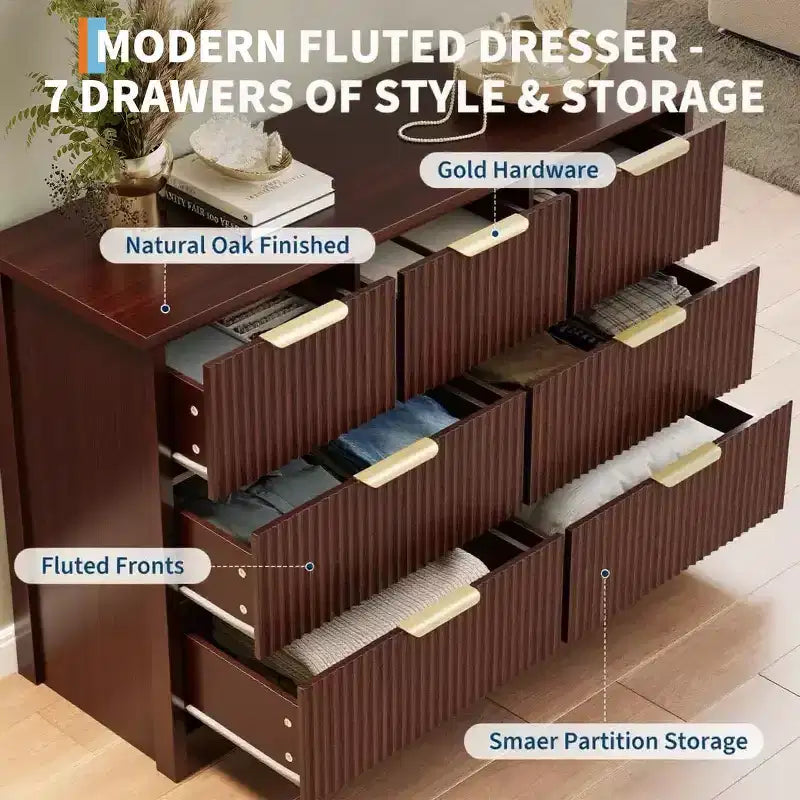 7-Drawer Fluted Dresser, Modern Wooden Chest with Metal Handles, Storage Organizer & Media Console TV Stand for Bedroom or Living Room