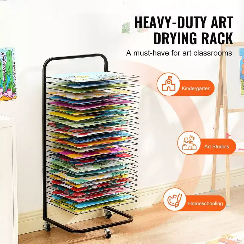 Art Drying Rack, 25 Removable Shelves 17 x 13 x 39.4 inch Paint Drying Rack With Lockable Wheels, Carbon Steel, Black
