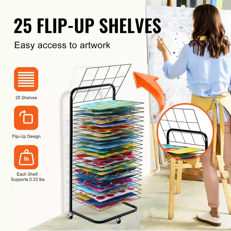 Art Drying Rack, 25 Removable Shelves 17 x 13 x 39.4 inch Paint Drying Rack With Lockable Wheels, Carbon Steel, Black