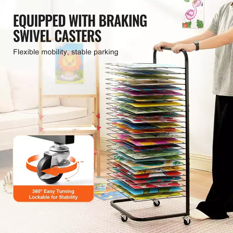 Art Drying Rack, 25 Removable Shelves 17 x 13 x 39.4 inch Paint Drying Rack With Lockable Wheels, Carbon Steel, Black