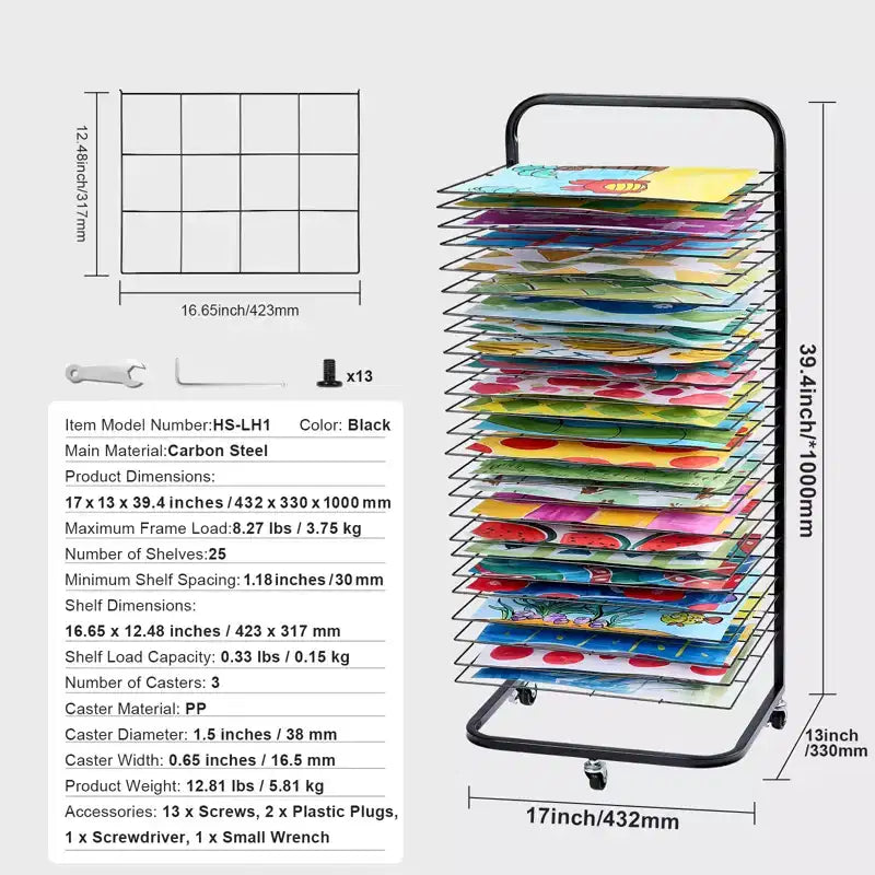 Art Drying Rack, 25 Removable Shelves 17 x 13 x 39.4 inch Paint Drying Rack With Lockable Wheels, Carbon Steel, Black
