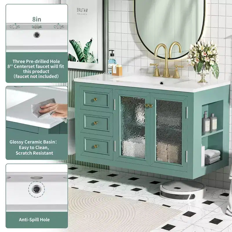36 Wall Bathroom Vanity with Sink, Bathroom Storage Cabinet with Drawers and Soft Closing Door, Green