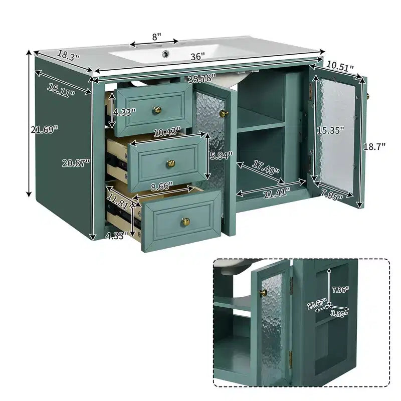 36 Wall Bathroom Vanity with Sink, Bathroom Storage Cabinet with Drawers and Soft Closing Door, Green