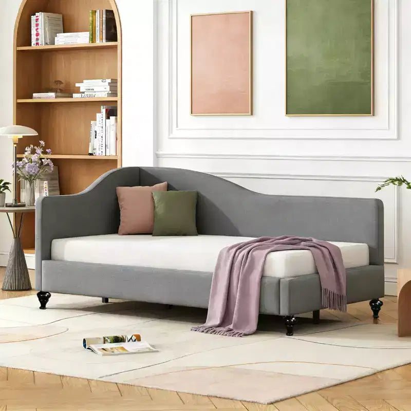 Twin Size L-Shaped Linen Upholstered Daybed with Solid Wood Legs
