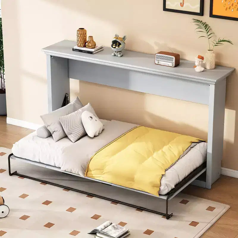 Whisen Twin Size Murphy Bed with Built-in Cabinet Storage, Stable Metal Frame, Pine Slat Support - Gray