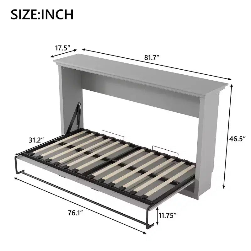 Twin Size Murphy Bed with Built-in Cabinet Storage, Stable Metal Frame, Pine Slat Support - Gray
