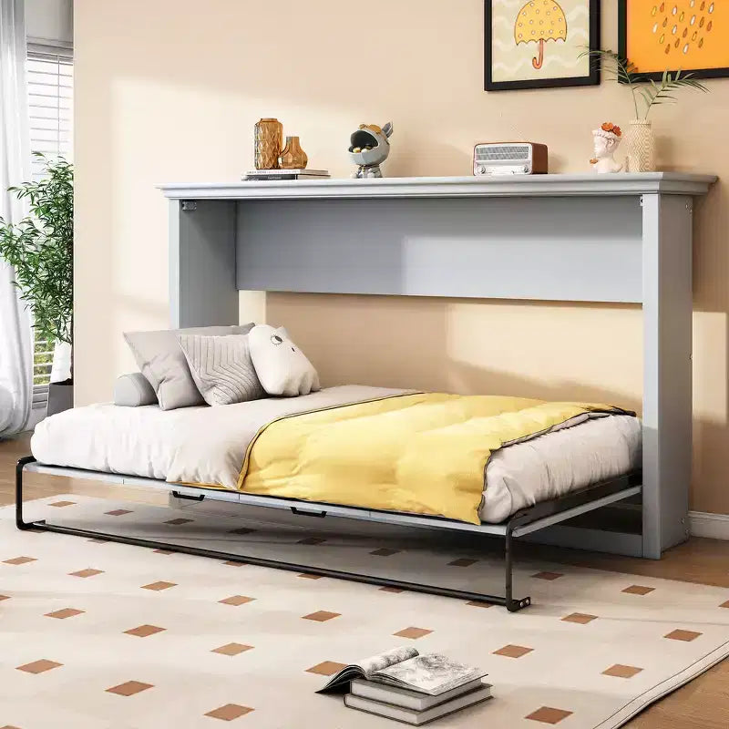Twin Size Murphy Bed with Built-in Cabinet Storage, Stable Metal Frame, Pine Slat Support - Gray