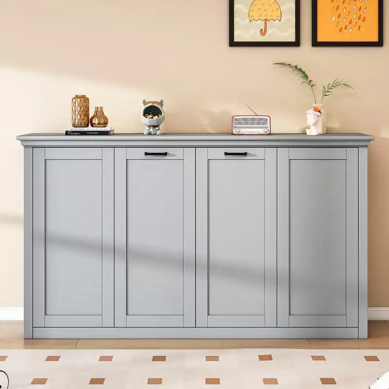 Twin Size Murphy Bed with Built-in Cabinet Storage, Stable Metal Frame, Pine Slat Support - Gray