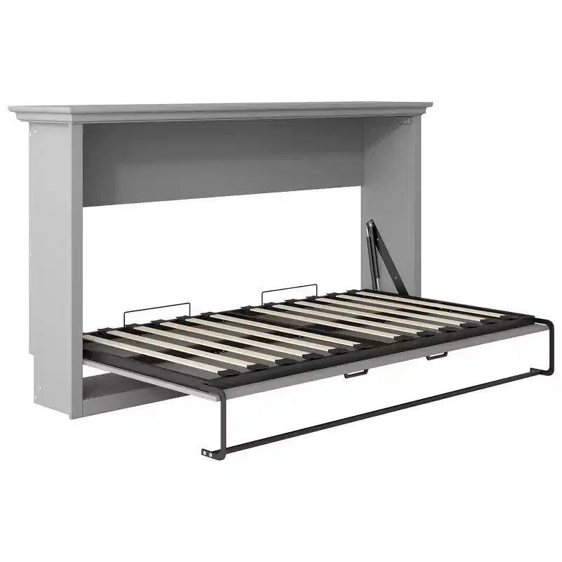Twin Size Murphy Bed with Built-in Cabinet Storage, Stable Metal Frame, Pine Slat Support - Gray