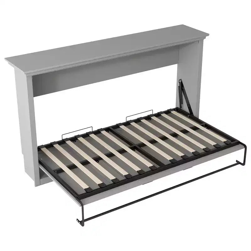 Twin Size Murphy Bed with Built-in Cabinet Storage, Stable Metal Frame, Pine Slat Support - Gray