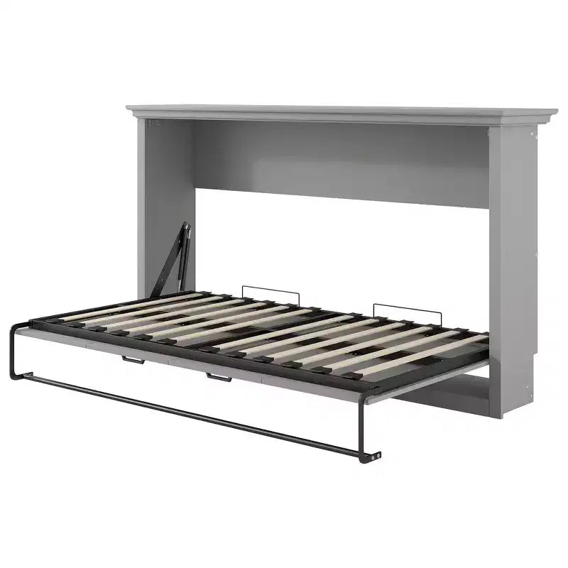 Twin Size Murphy Bed with Built-in Cabinet Storage, Stable Metal Frame, Pine Slat Support - Gray