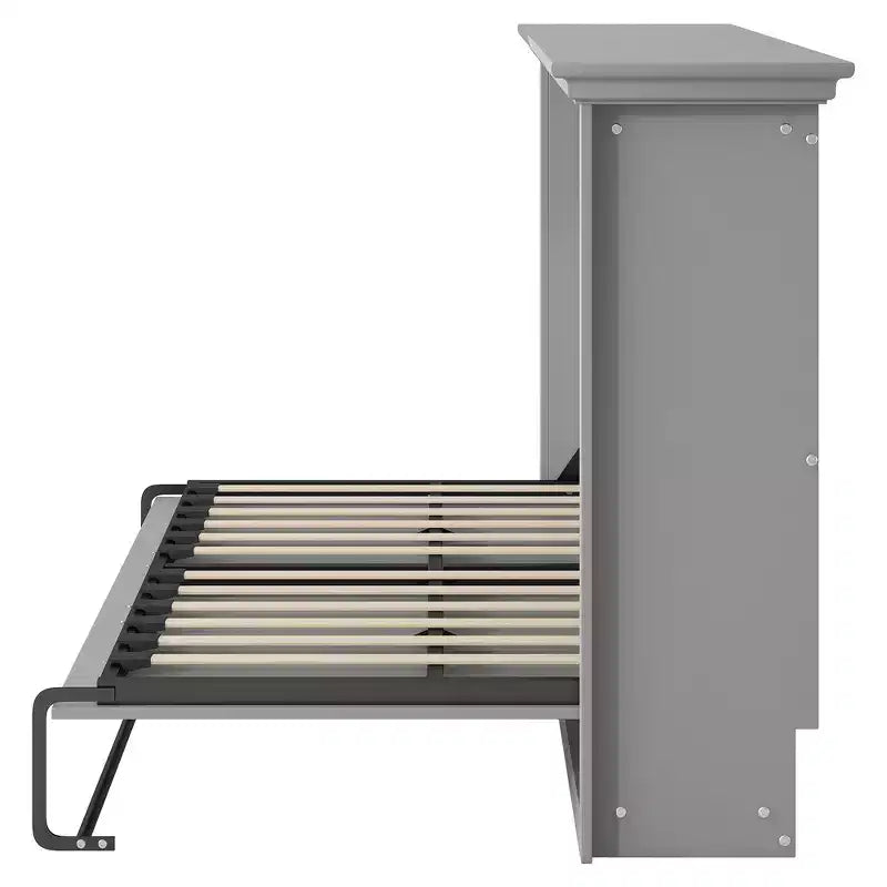 Twin Size Murphy Bed with Built-in Cabinet Storage, Stable Metal Frame, Pine Slat Support - Gray