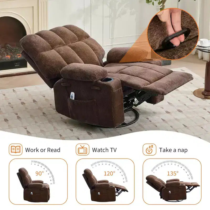 Oversized Massage Recliner Chair with Heat, Manual Swivel Rocker, Lumbar Support, Dual Cup Holders, Side Pockets