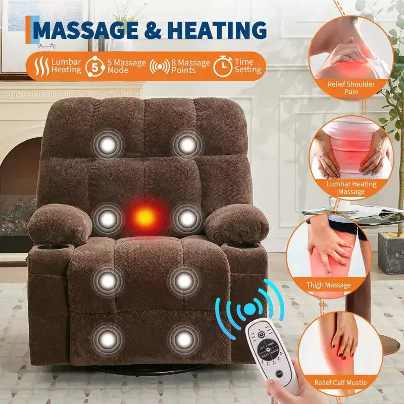 Oversized Massage Recliner Chair with Heat, Manual Swivel Rocker, Lumbar Support, Dual Cup Holders, Side Pockets