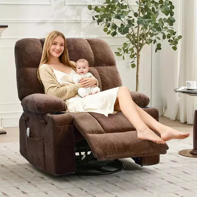Oversized Massage Recliner Chair with Heat, Manual Swivel Rocker, Lumbar Support, Dual Cup Holders, Side Pockets