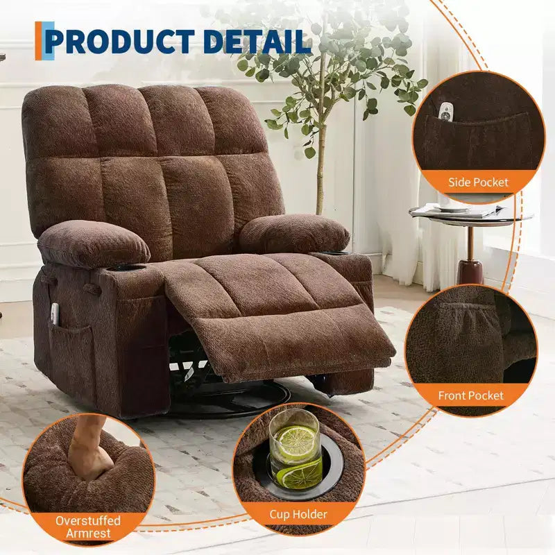 Oversized Massage Recliner Chair with Heat, Manual Swivel Rocker, Lumbar Support, Dual Cup Holders, Side Pockets