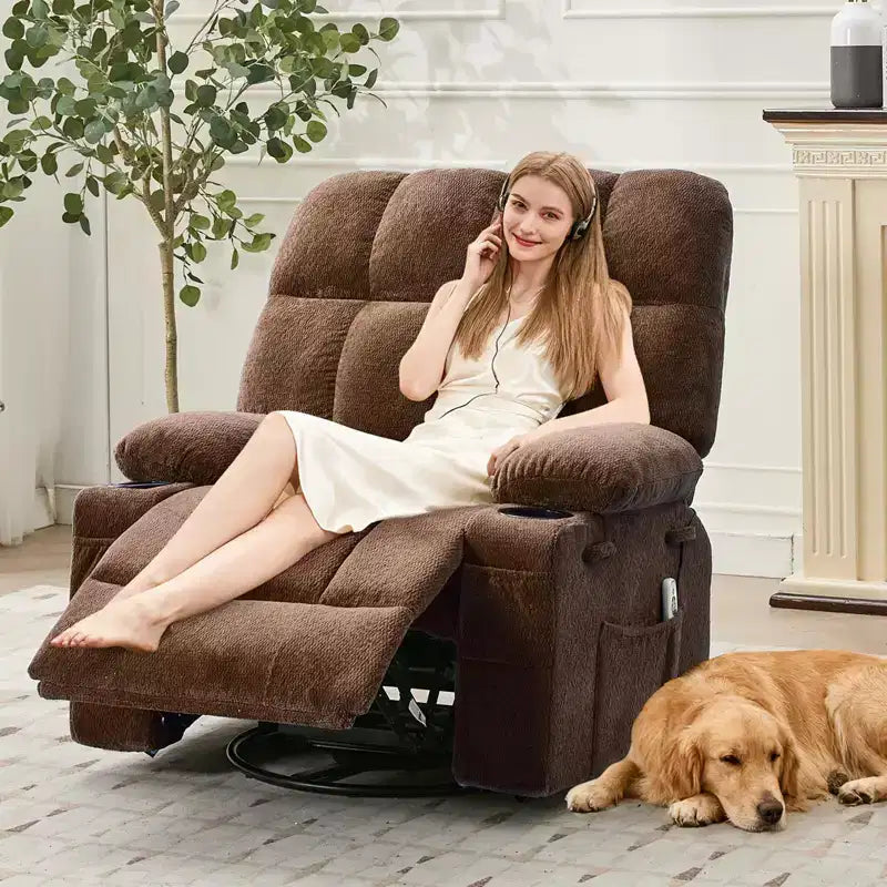 Oversized Massage Recliner Chair with Heat, Manual Swivel Rocker, Lumbar Support, Dual Cup Holders, Side Pockets