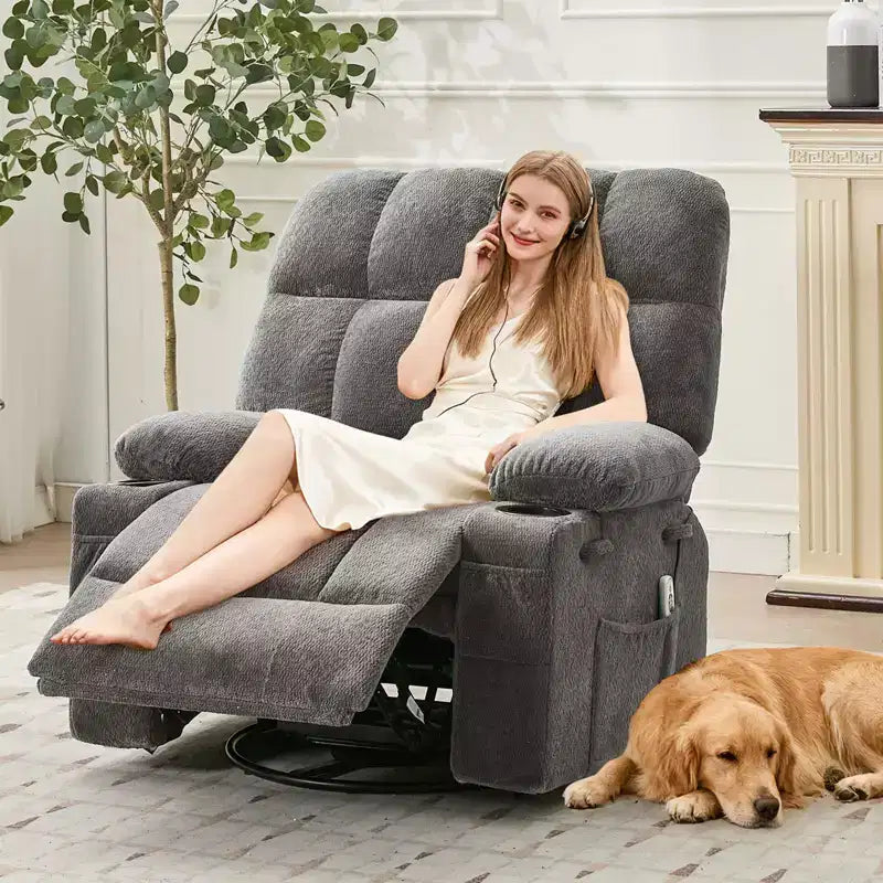 Oversized Massage Recliner Chair with Heat, Manual Swivel Rocker, Lumbar Support, Dual Cup Holders, Side Pockets