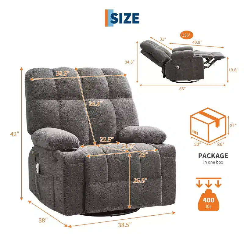 Oversized Massage Recliner Chair with Heat, Manual Swivel Rocker, Lumbar Support, Dual Cup Holders, Side Pockets