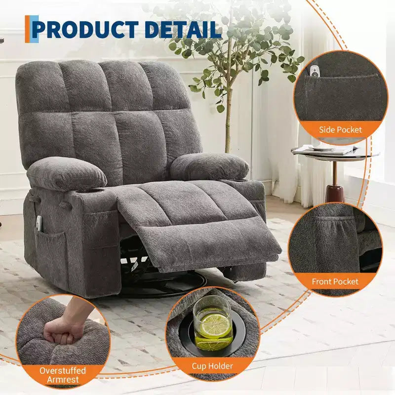 Oversized Massage Recliner Chair with Heat, Manual Swivel Rocker, Lumbar Support, Dual Cup Holders, Side Pockets