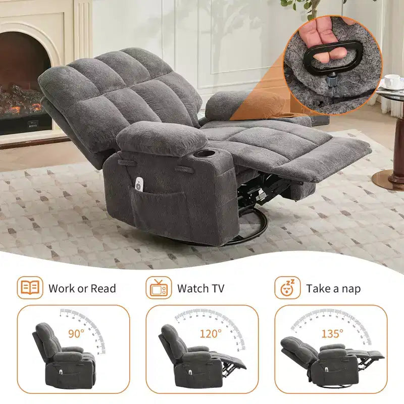 Oversized Massage Recliner Chair with Heat, Manual Swivel Rocker, Lumbar Support, Dual Cup Holders, Side Pockets