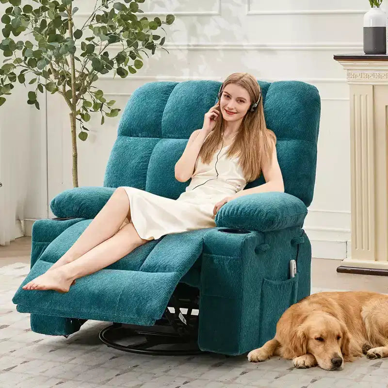 Oversized Massage Recliner Chair with Heat, Manual Swivel Rocker, Lumbar Support, Dual Cup Holders, Side Pockets
