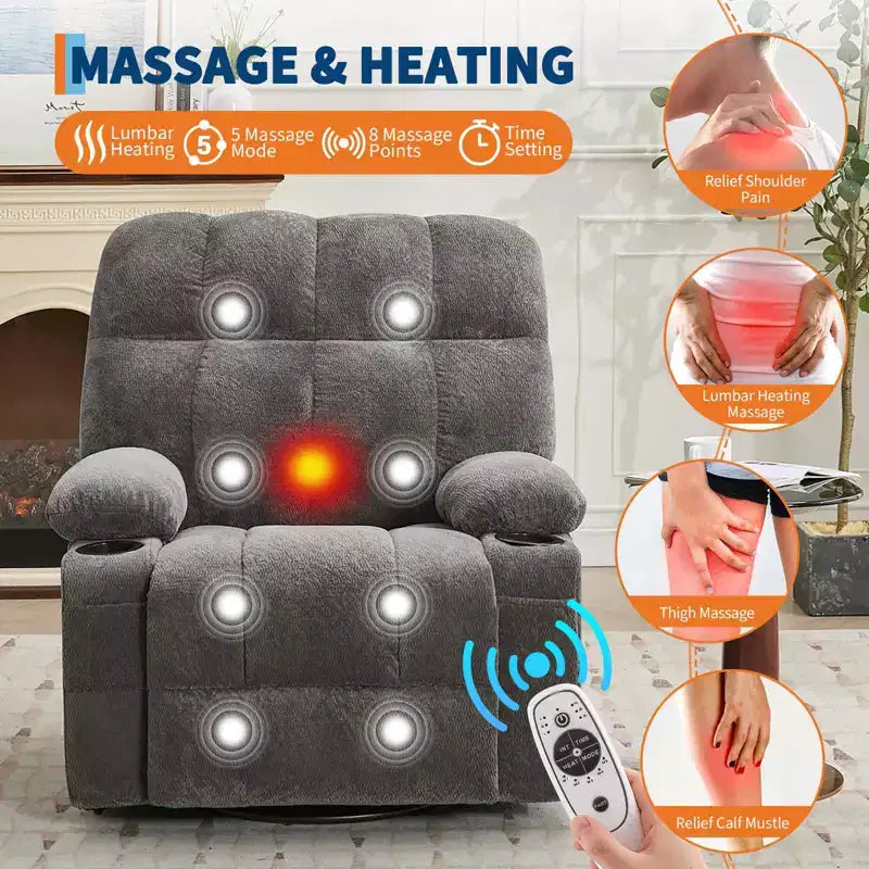 Oversized Massage Recliner Chair with Heat, Manual Swivel Rocker, Lumbar Support, Dual Cup Holders, Side Pockets