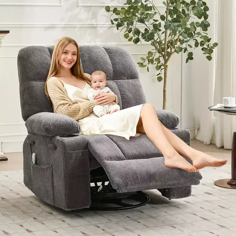 Oversized Massage Recliner Chair with Heat, Manual Swivel Rocker, Lumbar Support, Dual Cup Holders, Side Pockets
