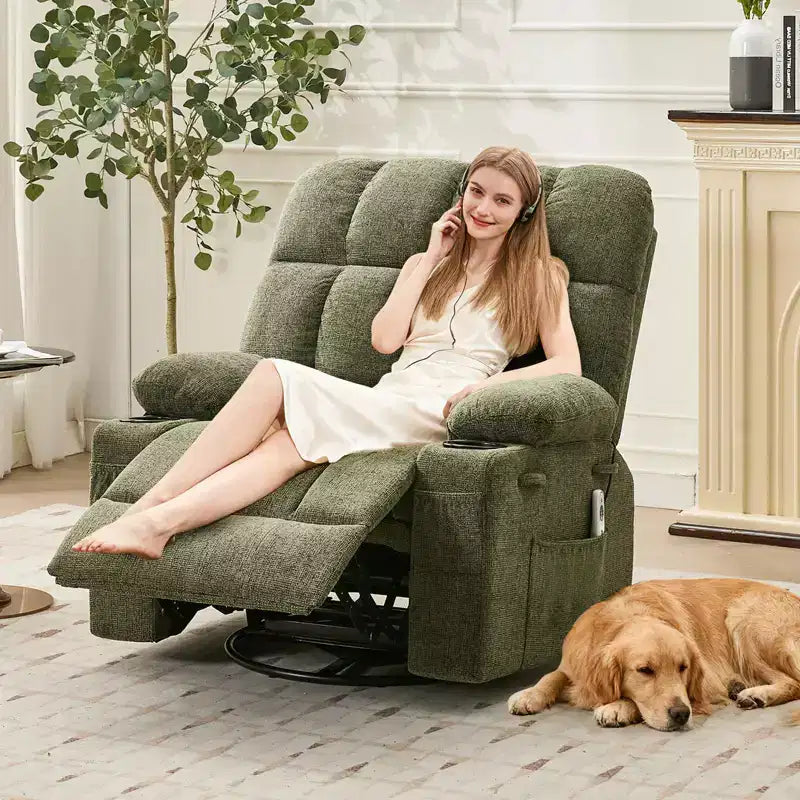Oversized Massage Recliner Chair with Heat, Manual Swivel Rocker, Lumbar Support, Dual Cup Holders, Side Pockets