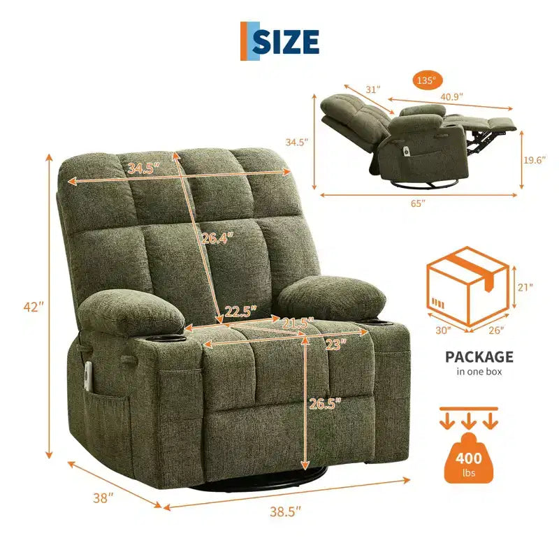 Oversized Massage Recliner Chair with Heat, Manual Swivel Rocker, Lumbar Support, Dual Cup Holders, Side Pockets