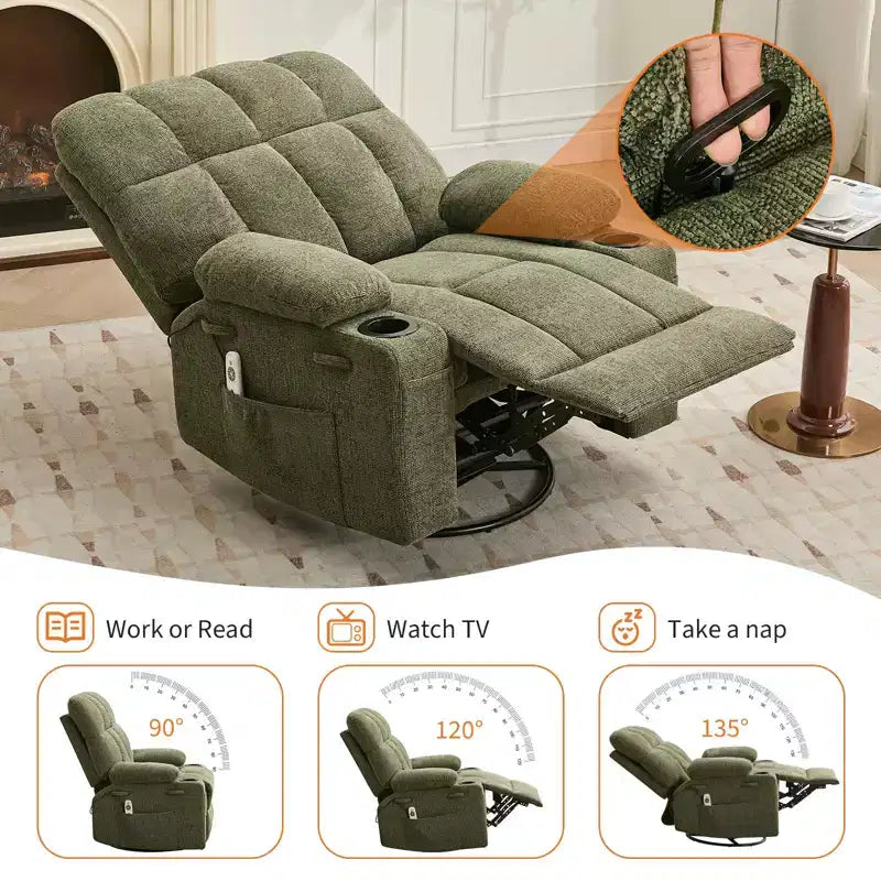 Oversized Massage Recliner Chair with Heat, Manual Swivel Rocker, Lumbar Support, Dual Cup Holders, Side Pockets