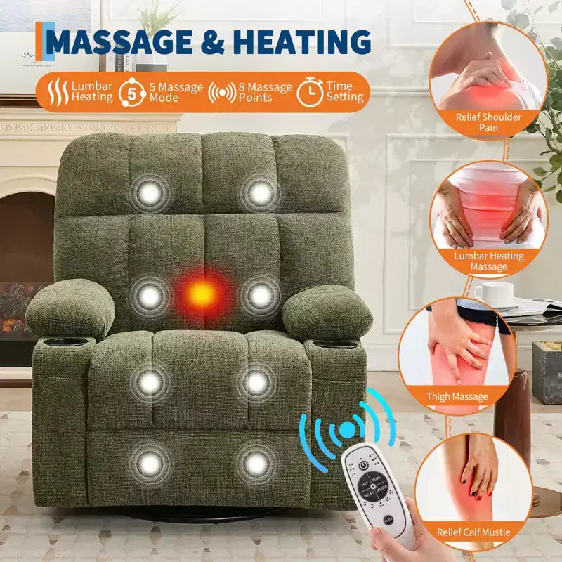 Oversized Massage Recliner Chair with Heat, Manual Swivel Rocker, Lumbar Support, Dual Cup Holders, Side Pockets