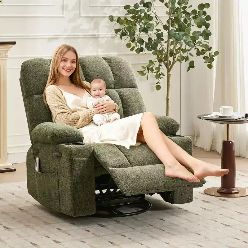 Oversized Massage Recliner Chair with Heat, Manual Swivel Rocker, Lumbar Support, Dual Cup Holders, Side Pockets