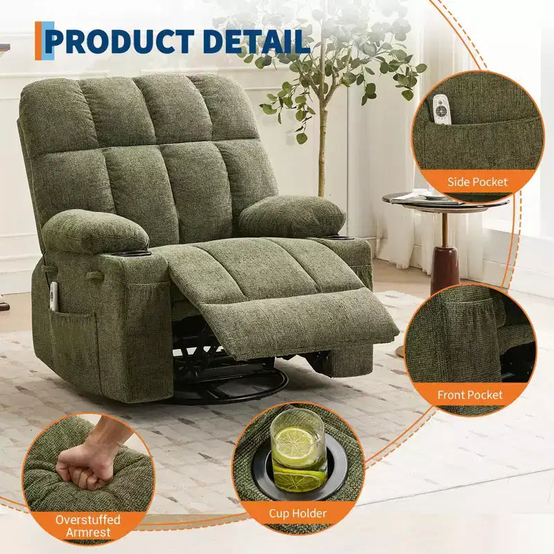 Oversized Massage Recliner Chair with Heat, Manual Swivel Rocker, Lumbar Support, Dual Cup Holders, Side Pockets